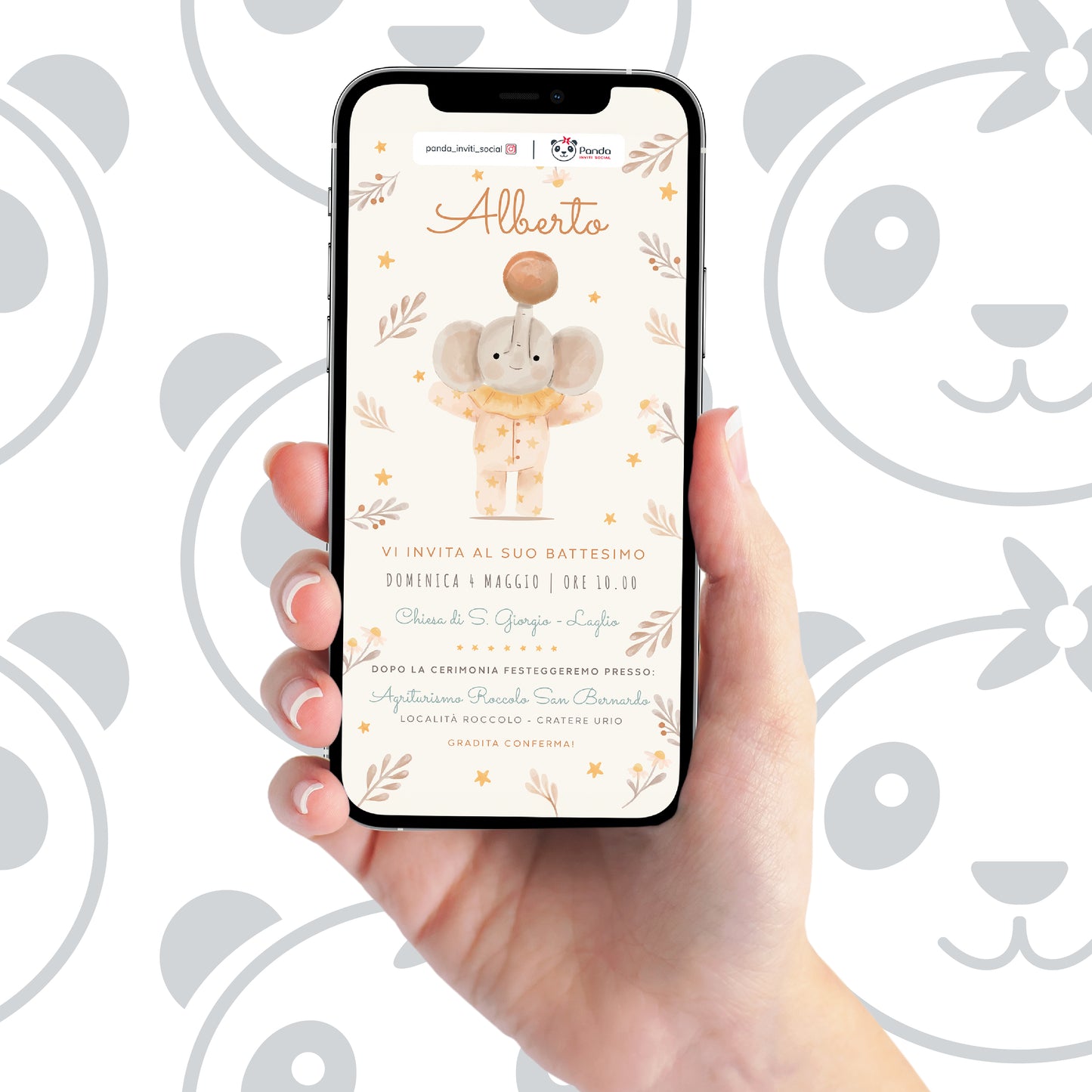 Invito digitale Battesimo bambino con elefantino e palla