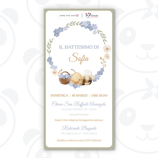 Invito digitale Battesimo bambina apetta con fiori