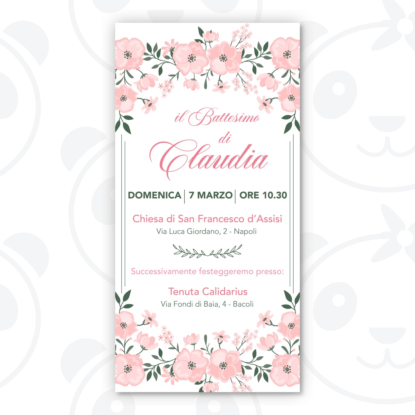 Invito digitale Battesimo bambina con fiori rosa