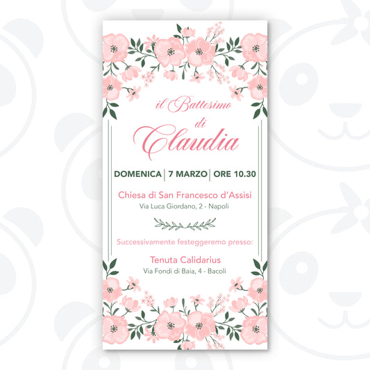 Invito digitale Battesimo bambina con fiori rosa
