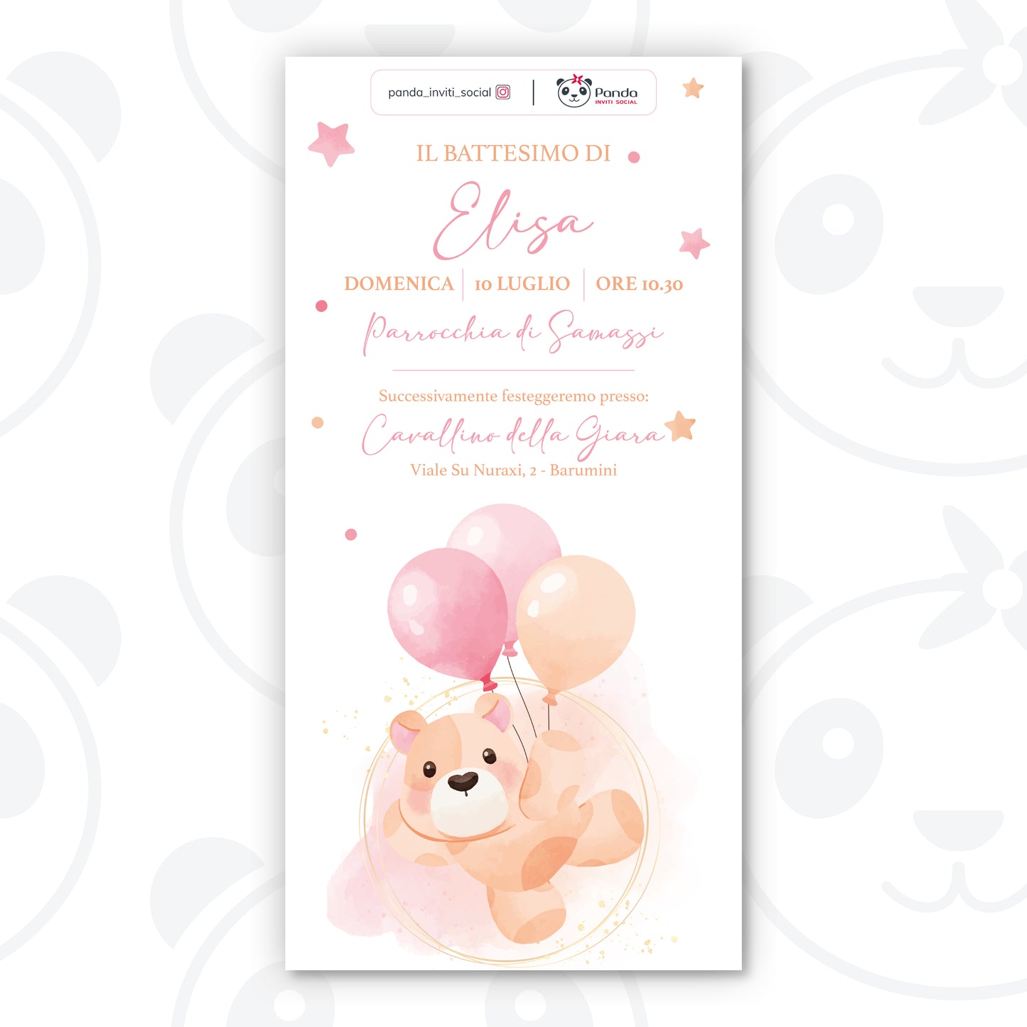 Invito digitale Battesimo bambina orsetto e palloncini