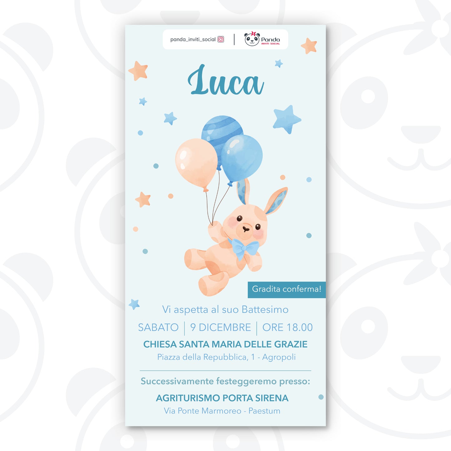 Invito digitale Battesimo bambino con orsetto e palloncini