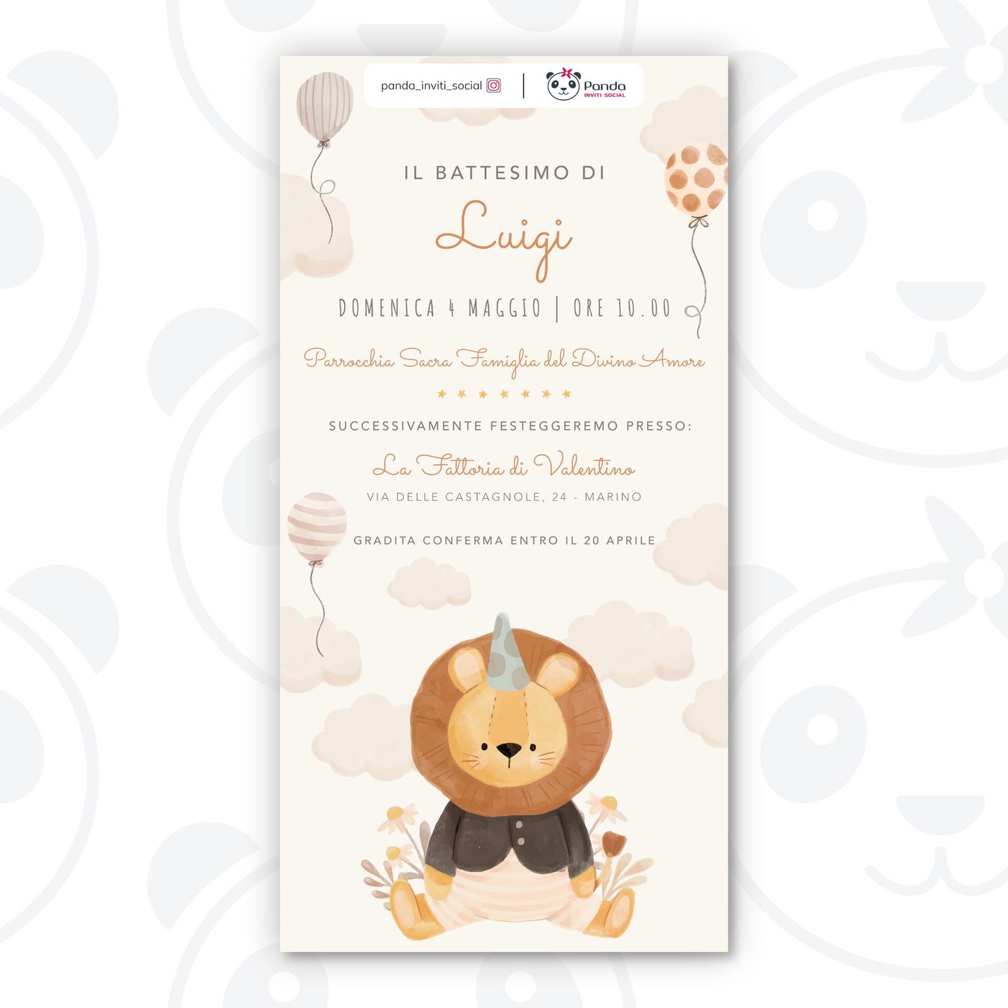 Invito digitale Battesimo bambino leone con palloncini