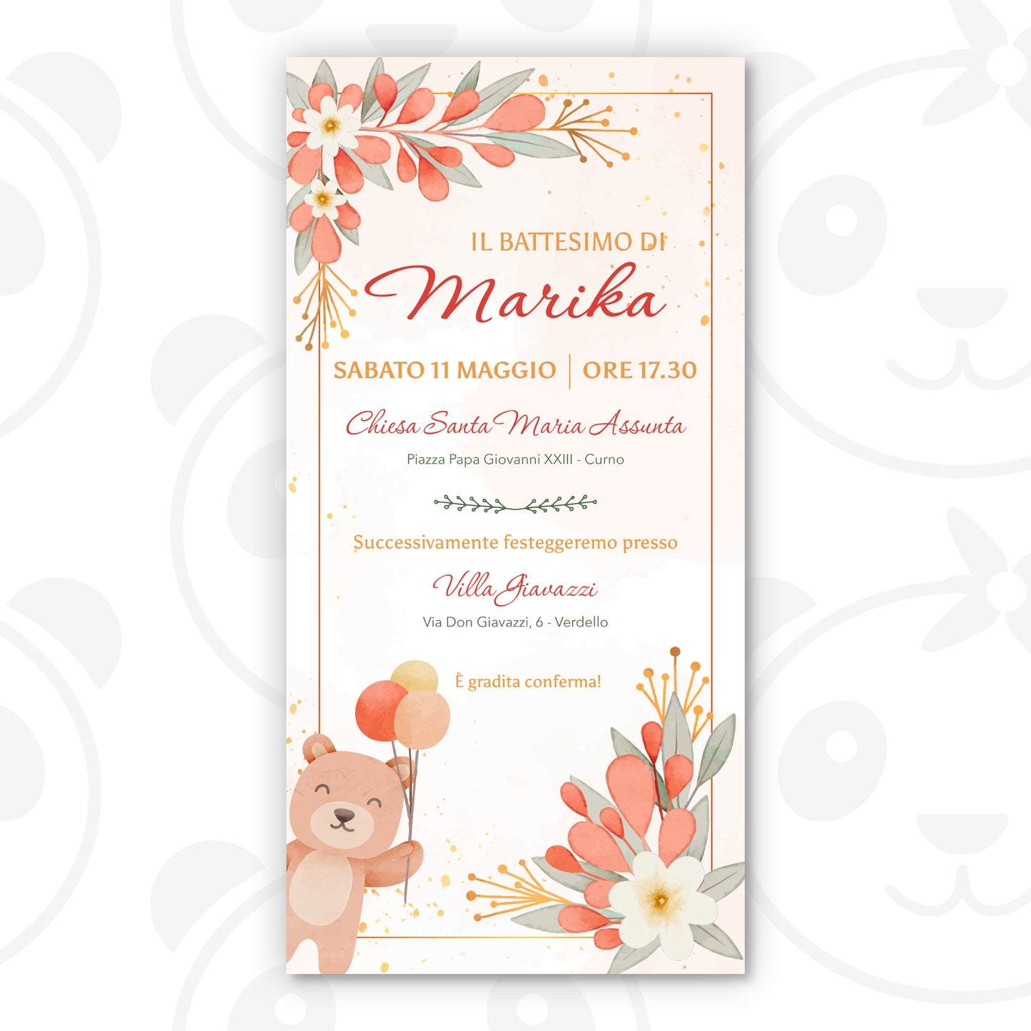 Invito digitale Battesimo bambina orsetto e fiori
