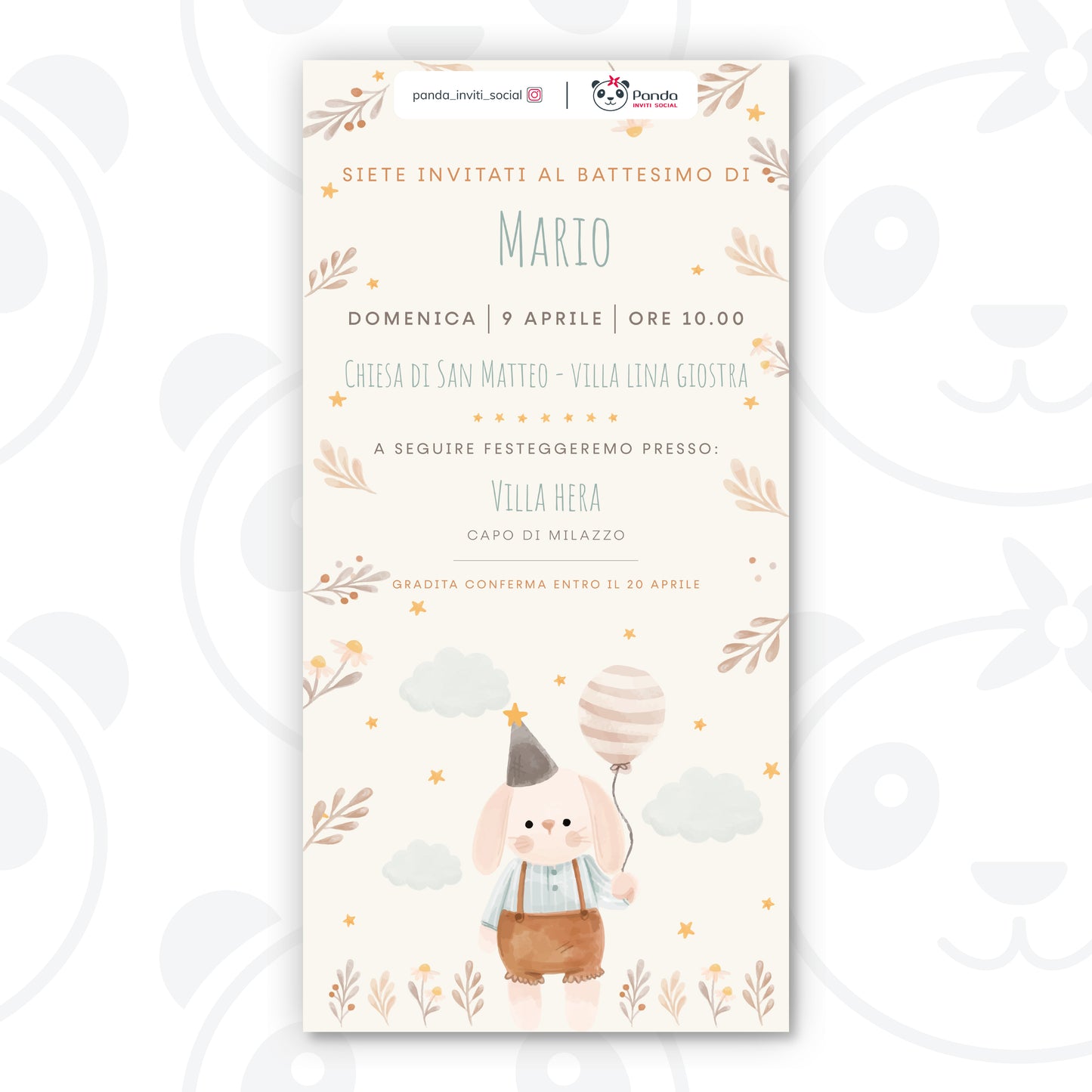 Invito digitale Battesimo bambino con coniglietto e palloncino