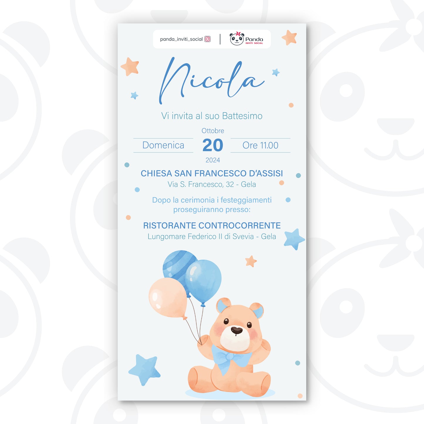 Invito digitale Battesimo bambino con orsetto e palloncini