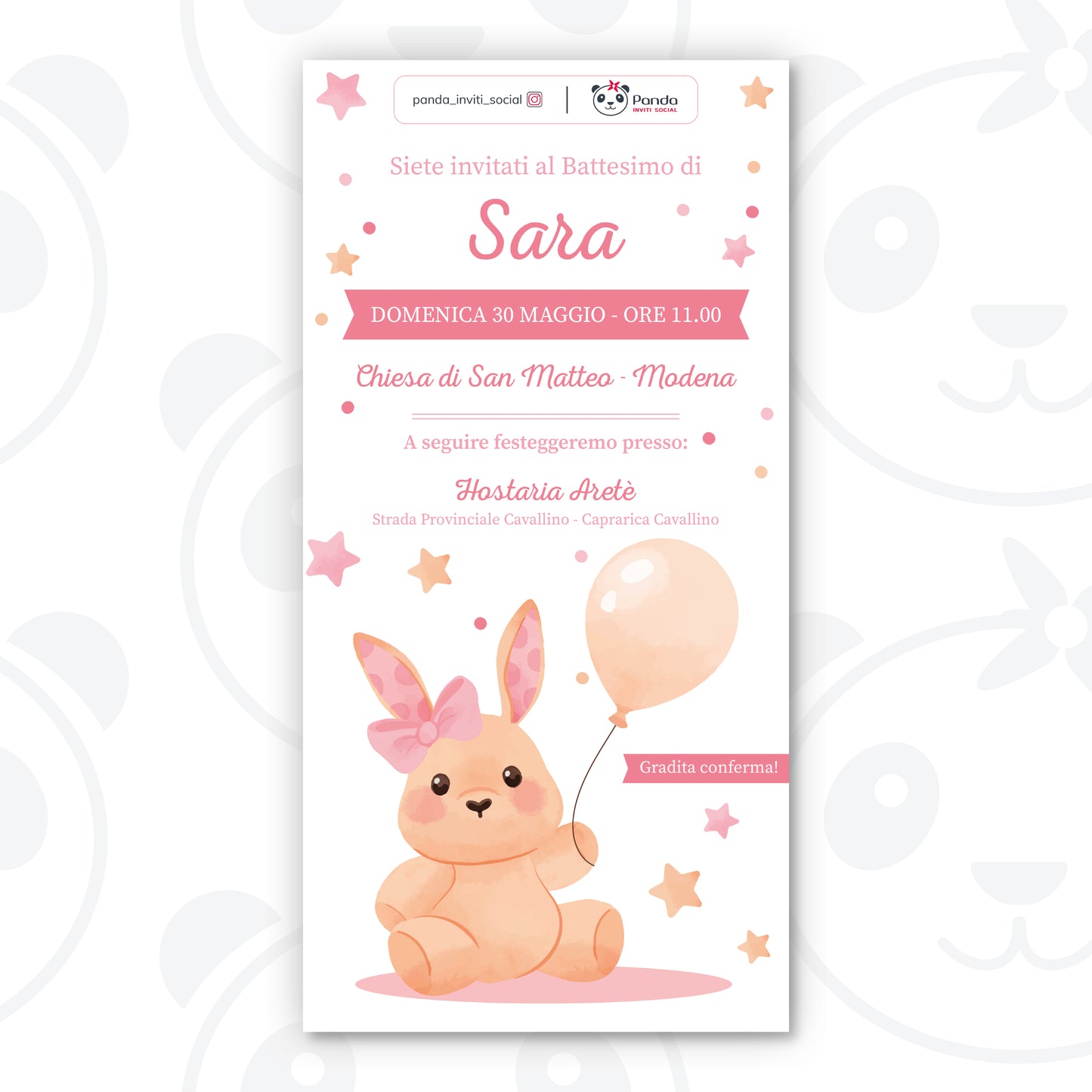 Invito digitale Battesimo bambina coniglietto con palloncini