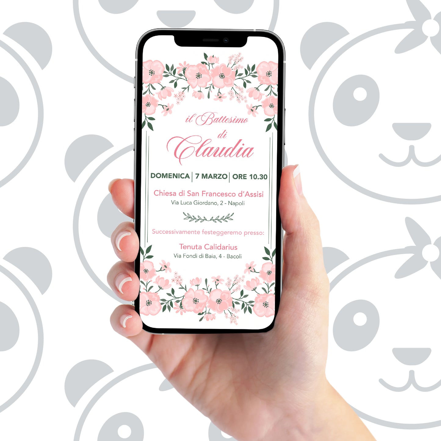 Invito digitale Battesimo bambina con fiori rosa