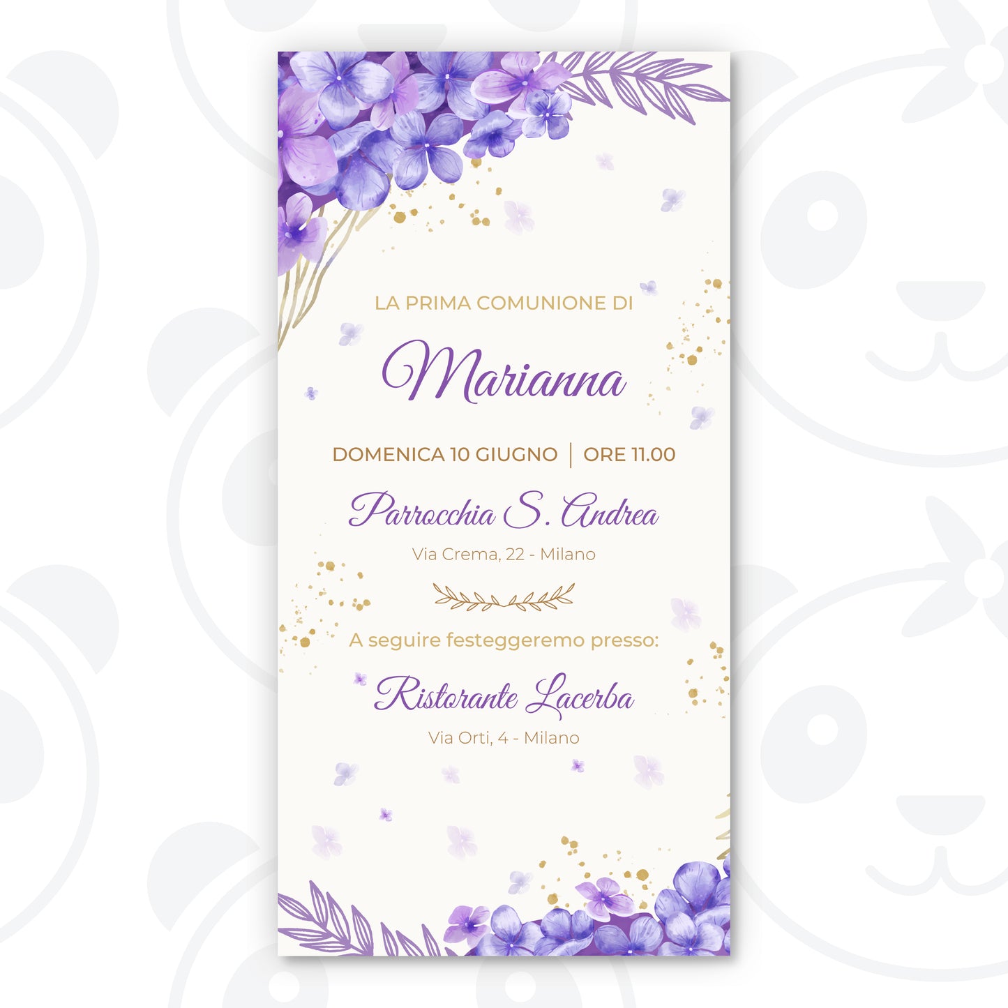 Invito digitale Prima Comunione fiori viola