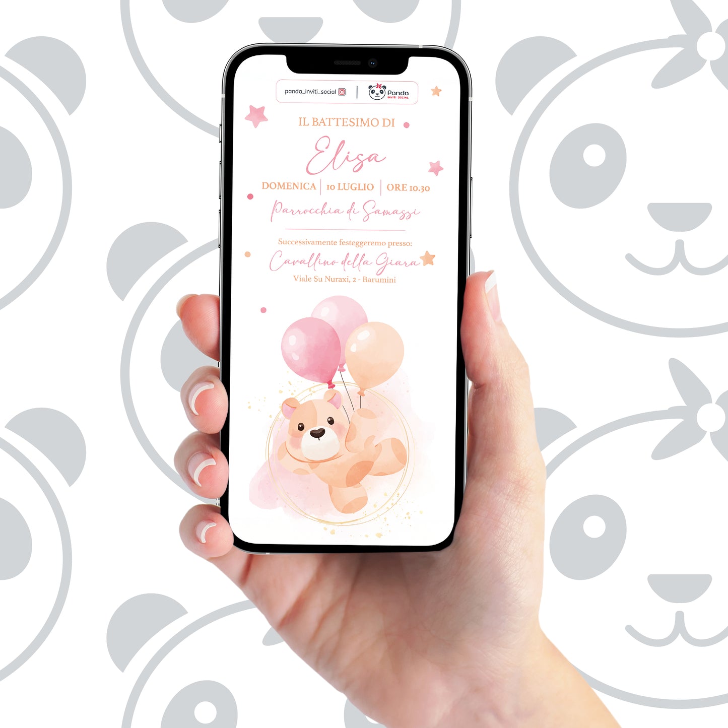 Invito digitale Battesimo bambina orsetto e palloncini