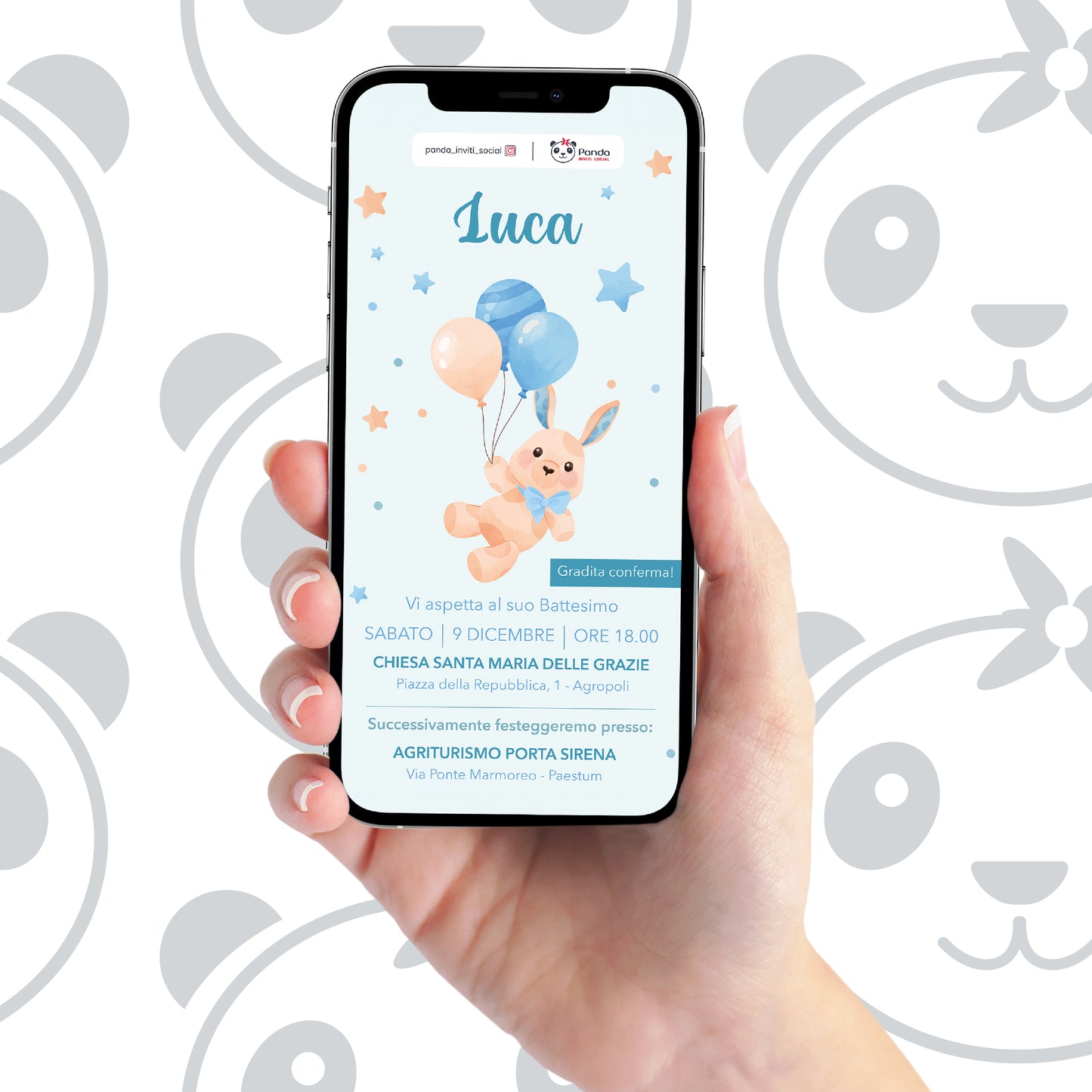 Invito digitale Battesimo bambino con orsetto e palloncini
