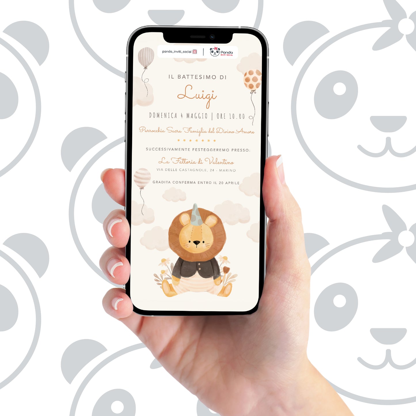 Invito digitale Battesimo bambino leone con palloncini