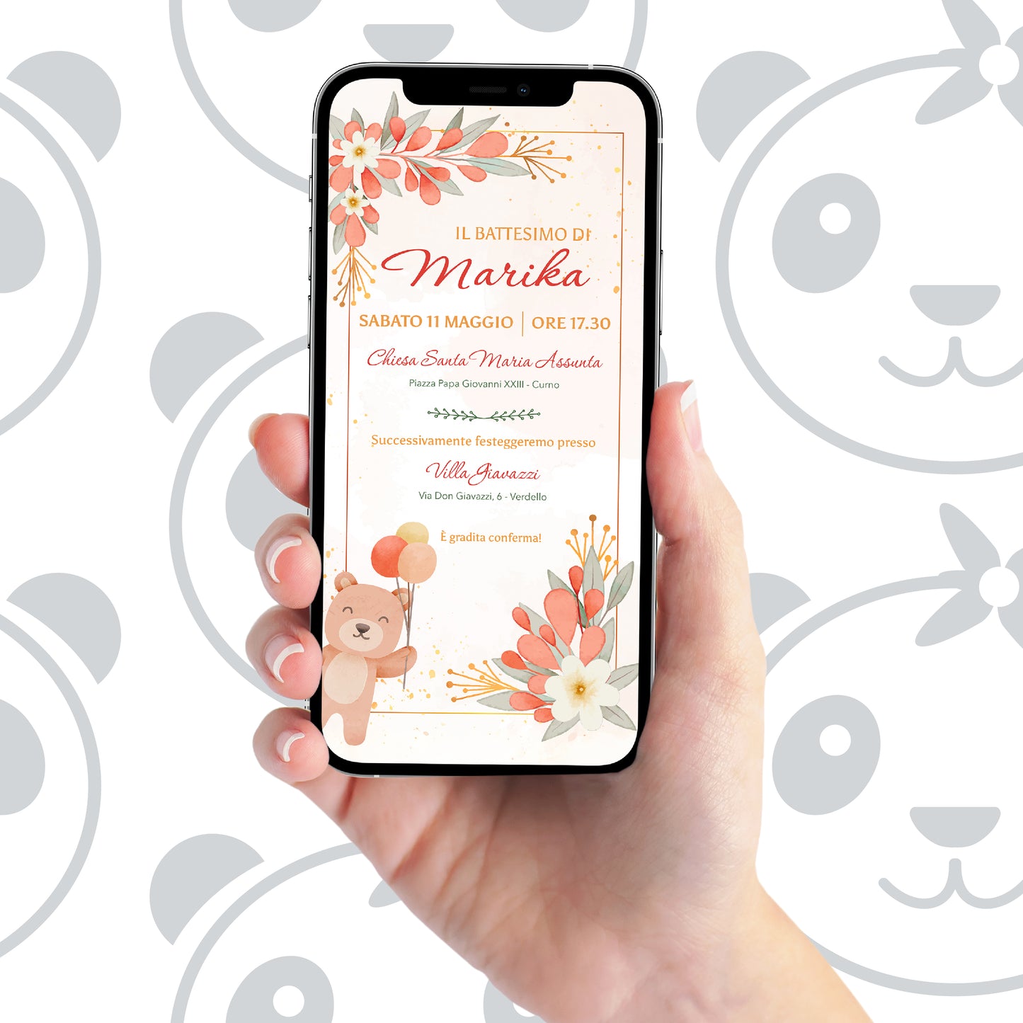 Invito digitale Battesimo bambina orsetto e fiori