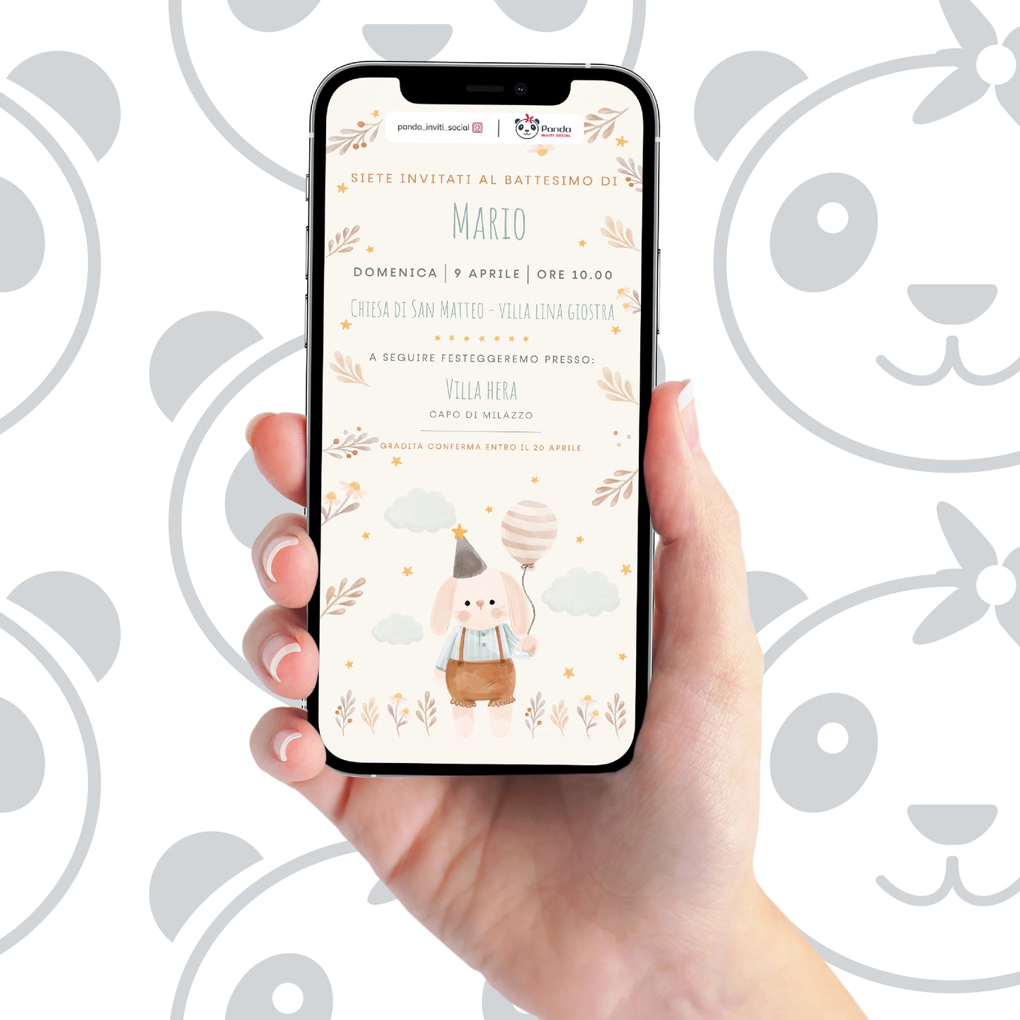 Invito digitale Battesimo bambino con coniglietto e palloncino