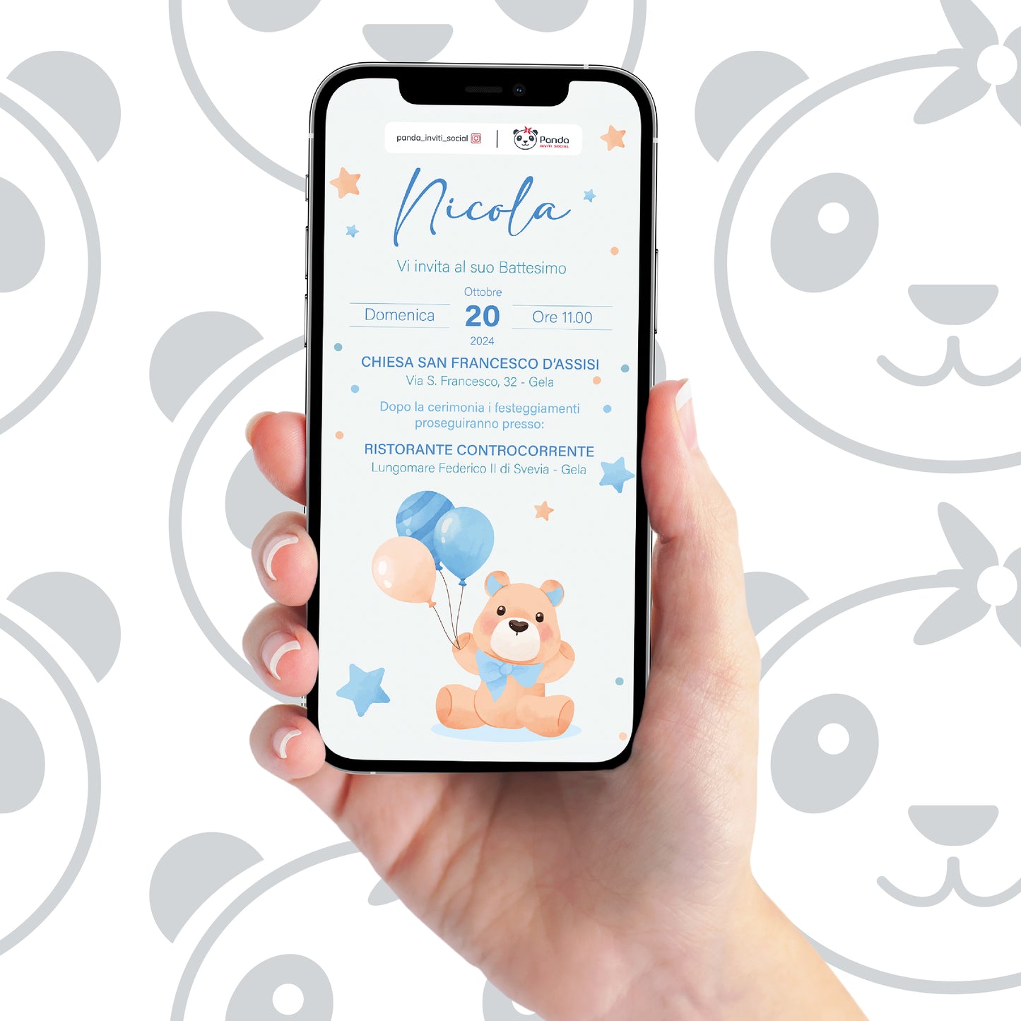 Invito digitale Battesimo bambino con orsetto e palloncini
