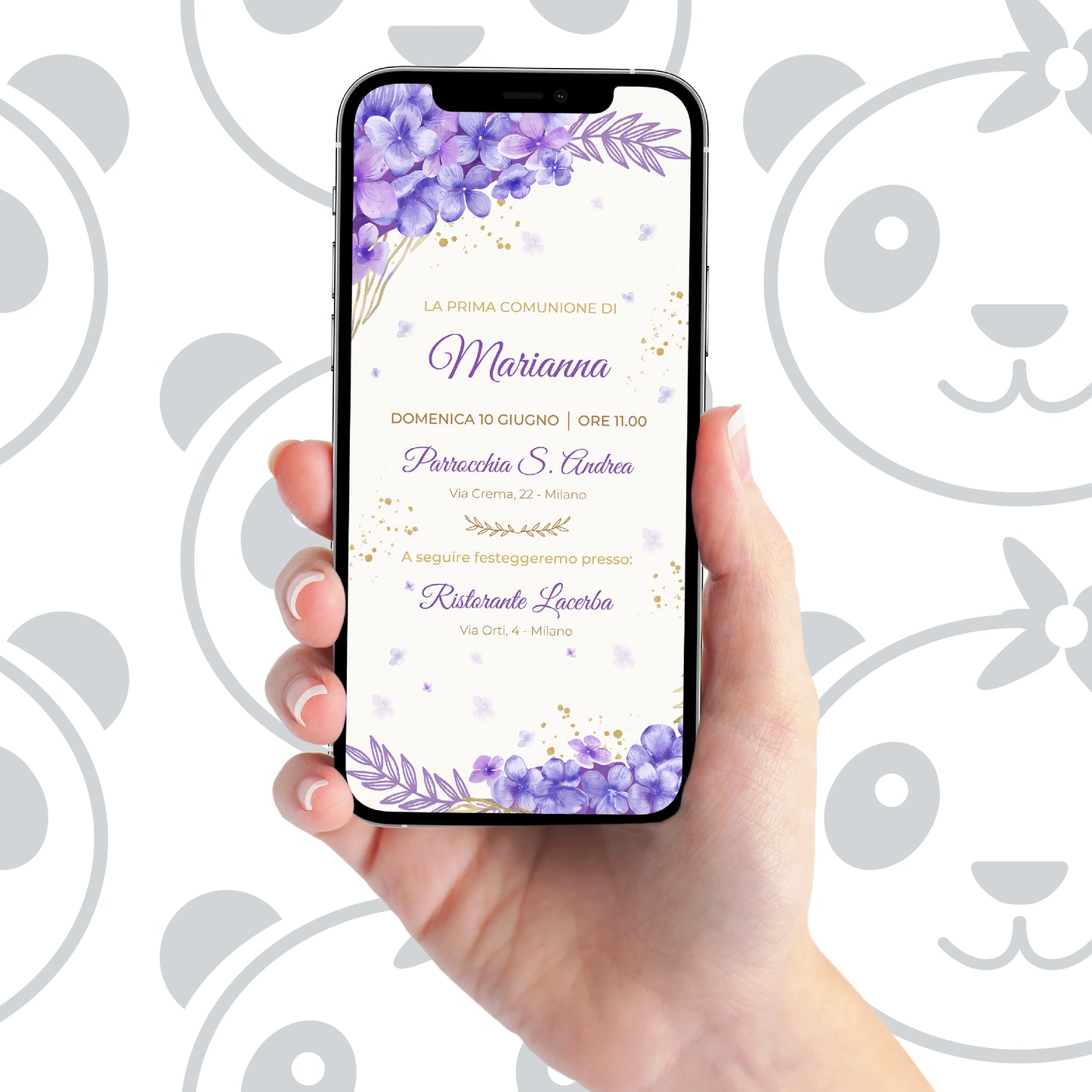 Invito digitale Prima Comunione fiori viola