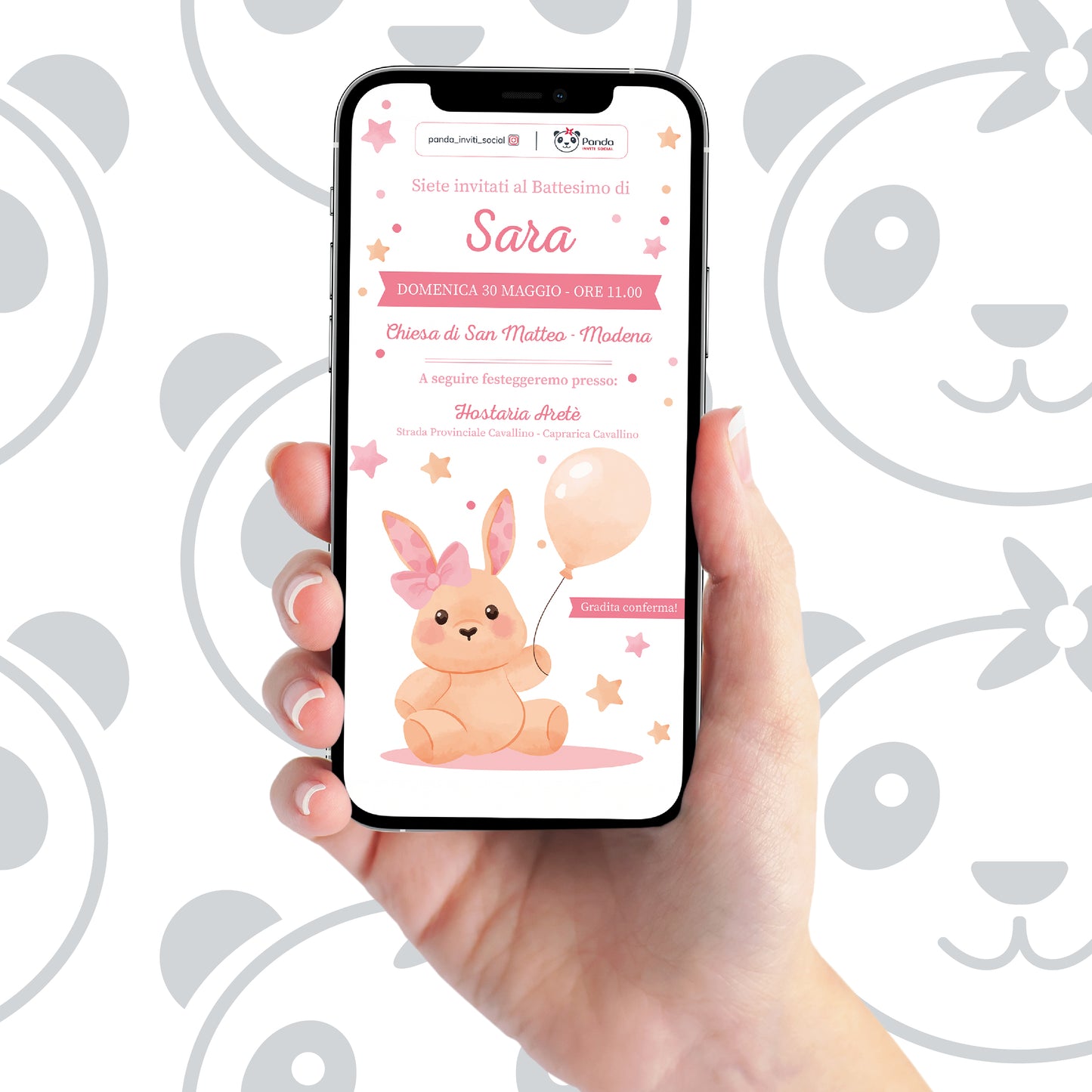 Invito digitale Battesimo bambina coniglietto con palloncini