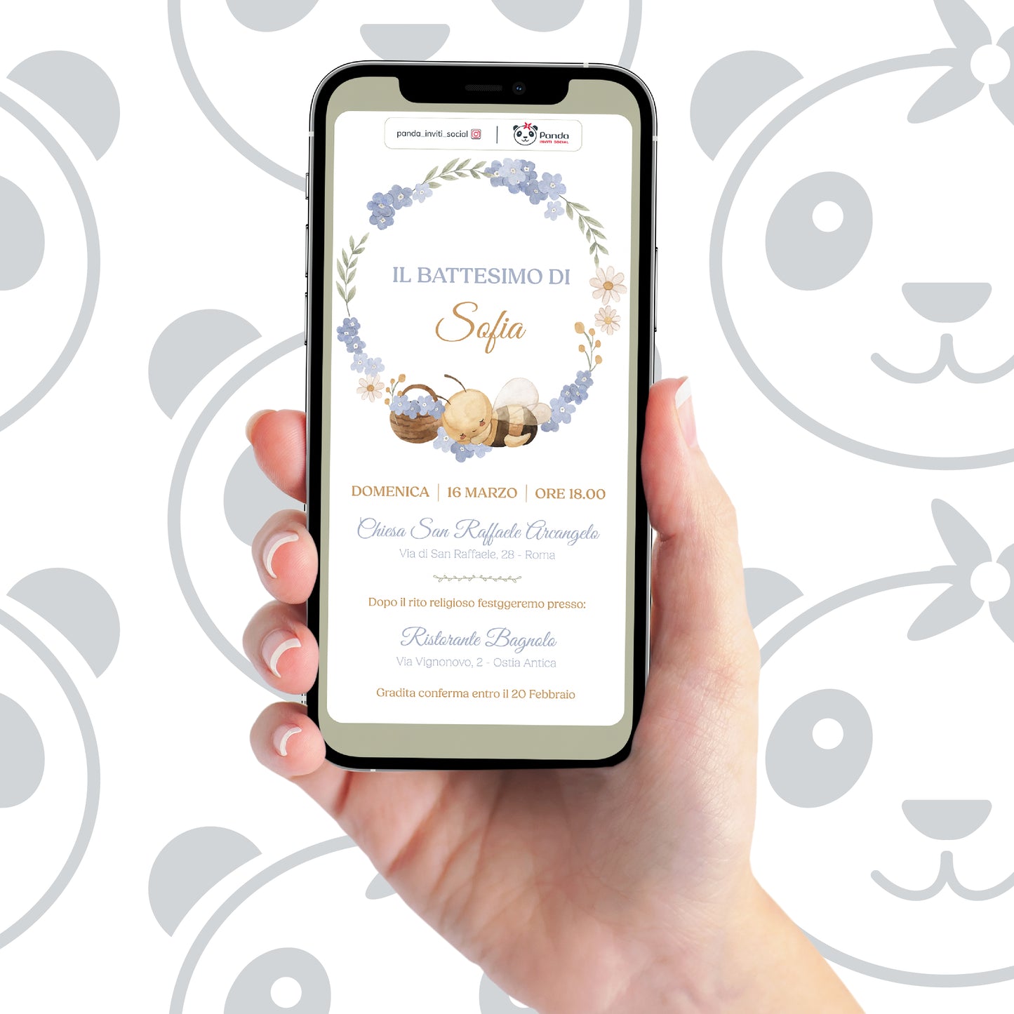 Invito digitale Battesimo bambina apetta con fiori
