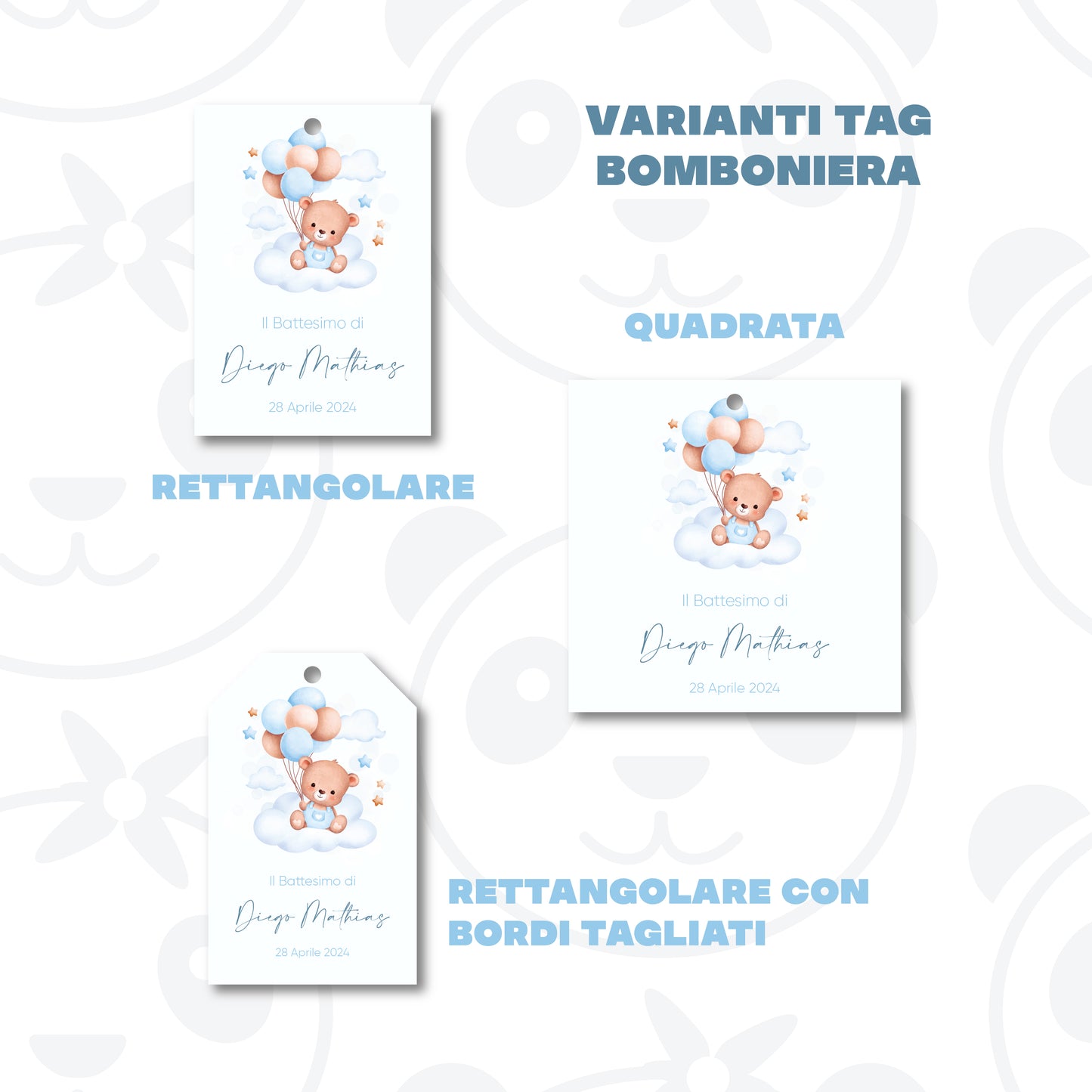 Tag Bomboniera Battesimo bambino orsetto sulla nuvola con palloncini