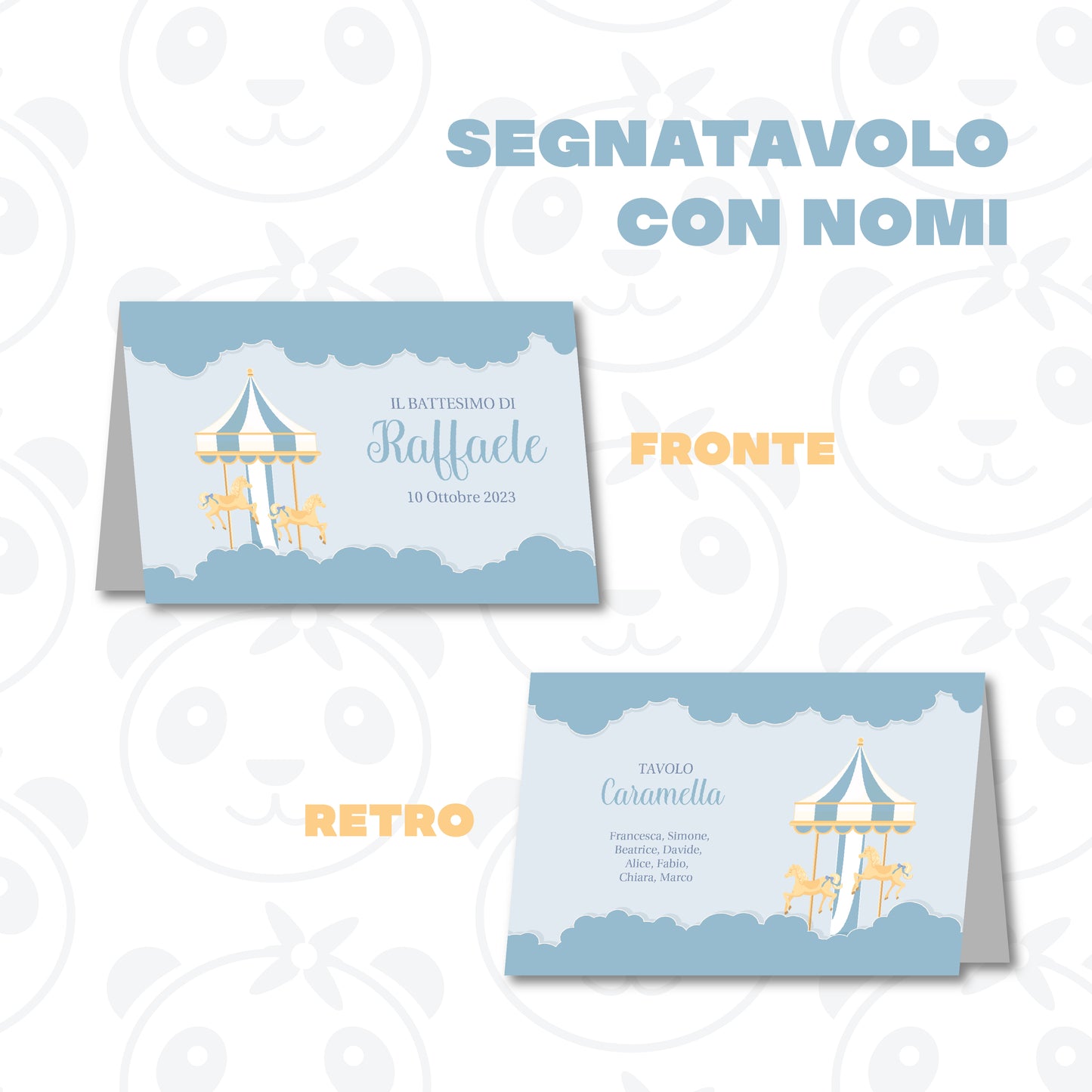 Segnatavolo pieghevole Battesimo giostra con i cavallini