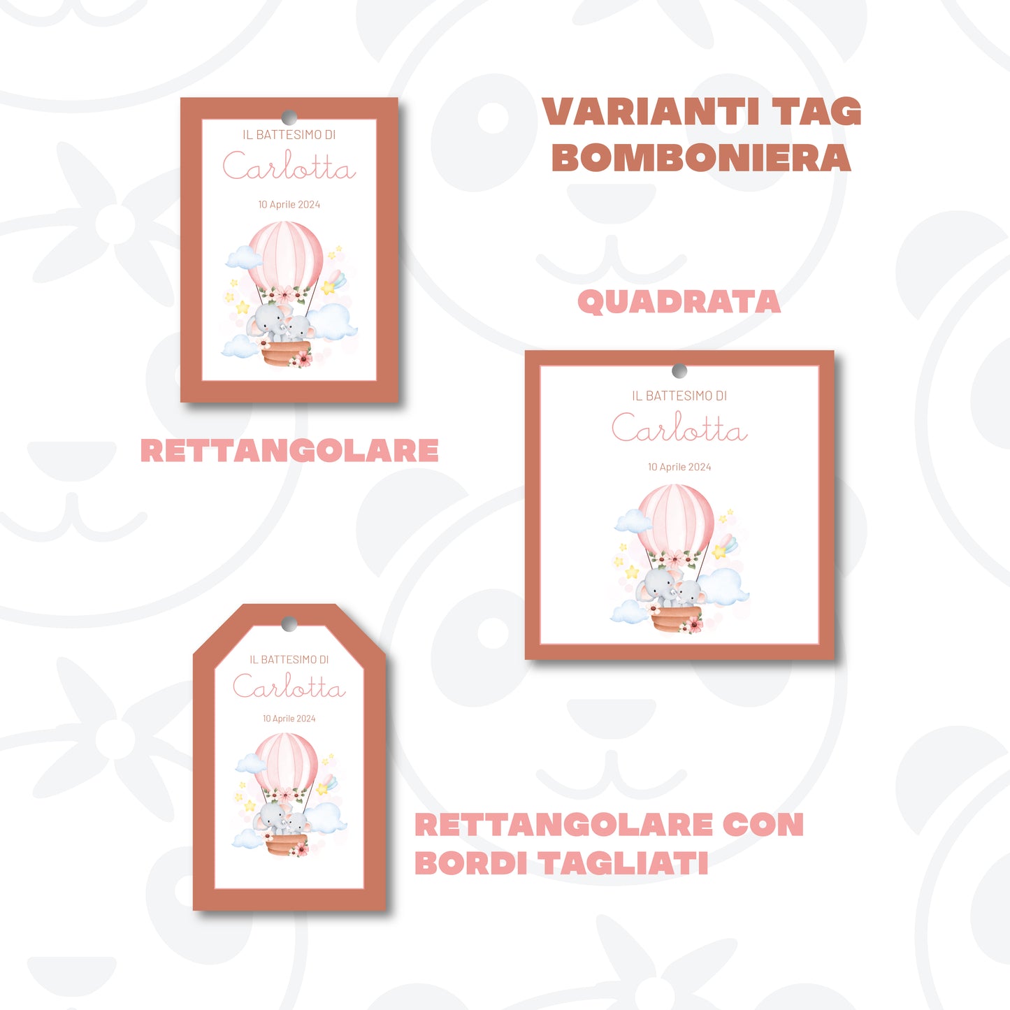 Tag Bomboniera Battesimo bambina elefantini in mongolfiera