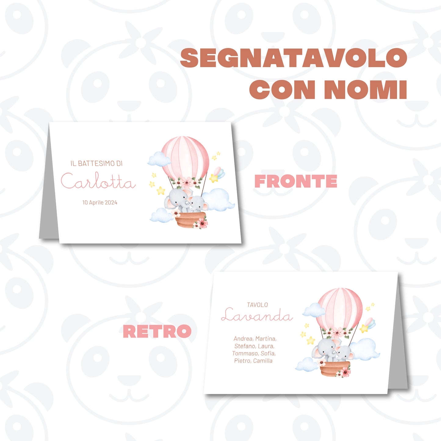 Segnatavolo pieghevole Battesimo elefantini in mongolfiera