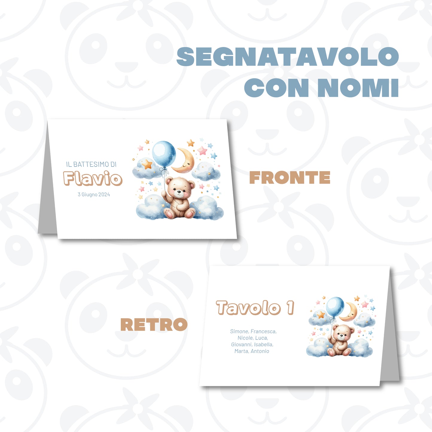 Segnatavolo pieghevole Battesimo orsetto sulle nuvole