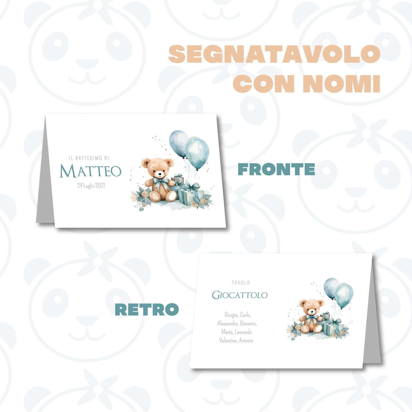 Segnatavolo pieghevole Battesimo orsetto con regali