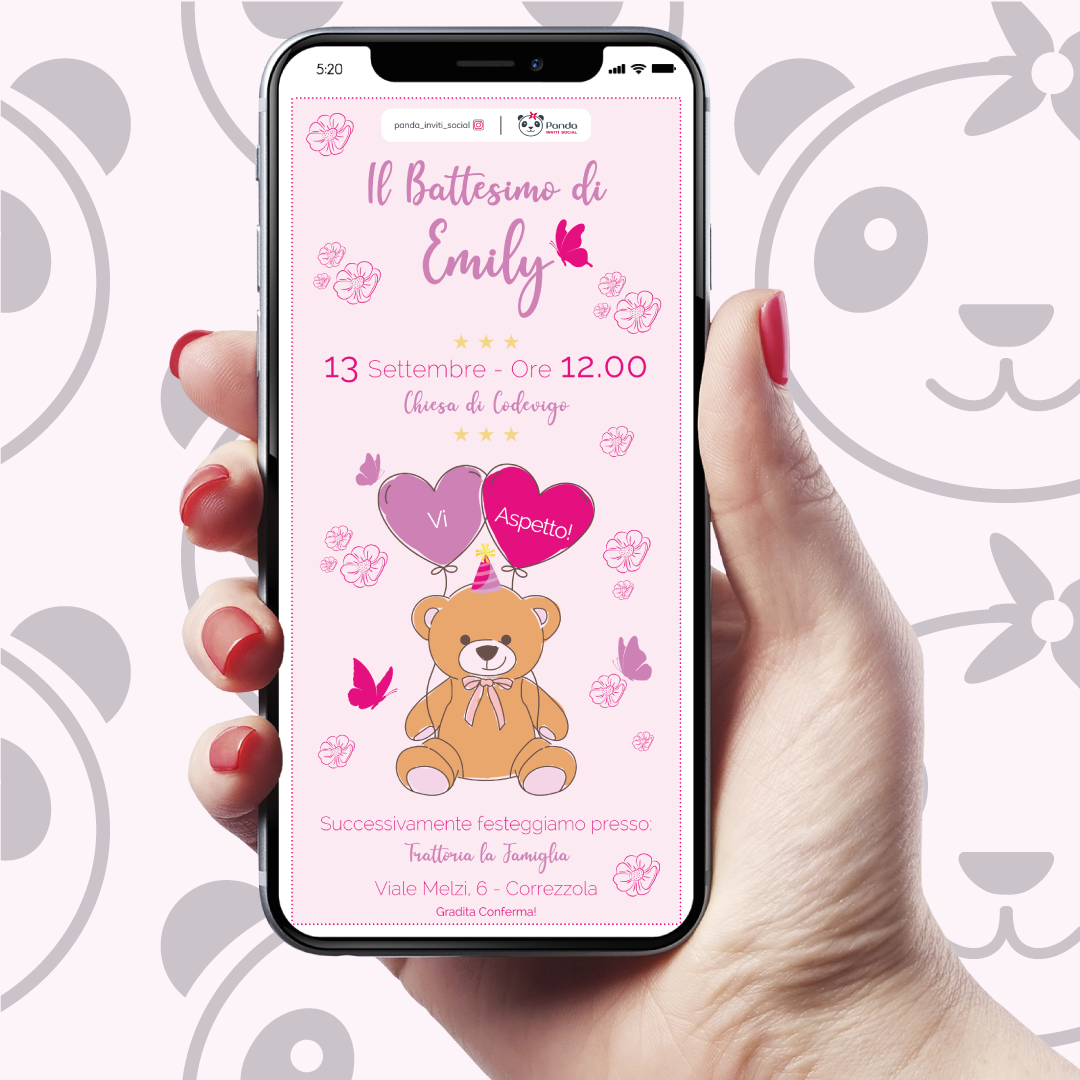 Invito digitale Battesimo bambina orsetto