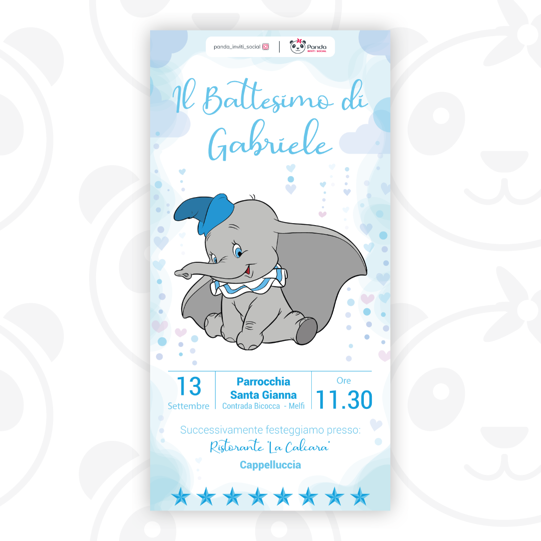 Invito digitale Battesimo bambino Dumbo – PandaInvitiSocial