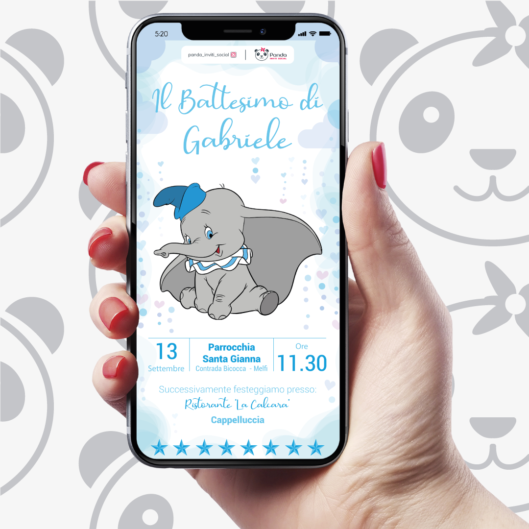 Invito digitale Battesimo bambino Dumbo