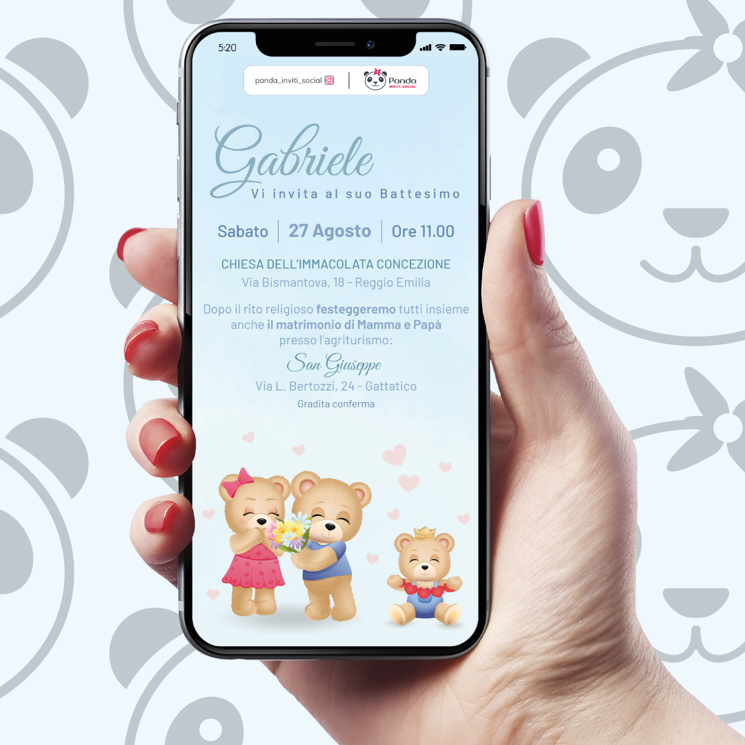 Invito digitale Battesimo bambino famiglia orsetti