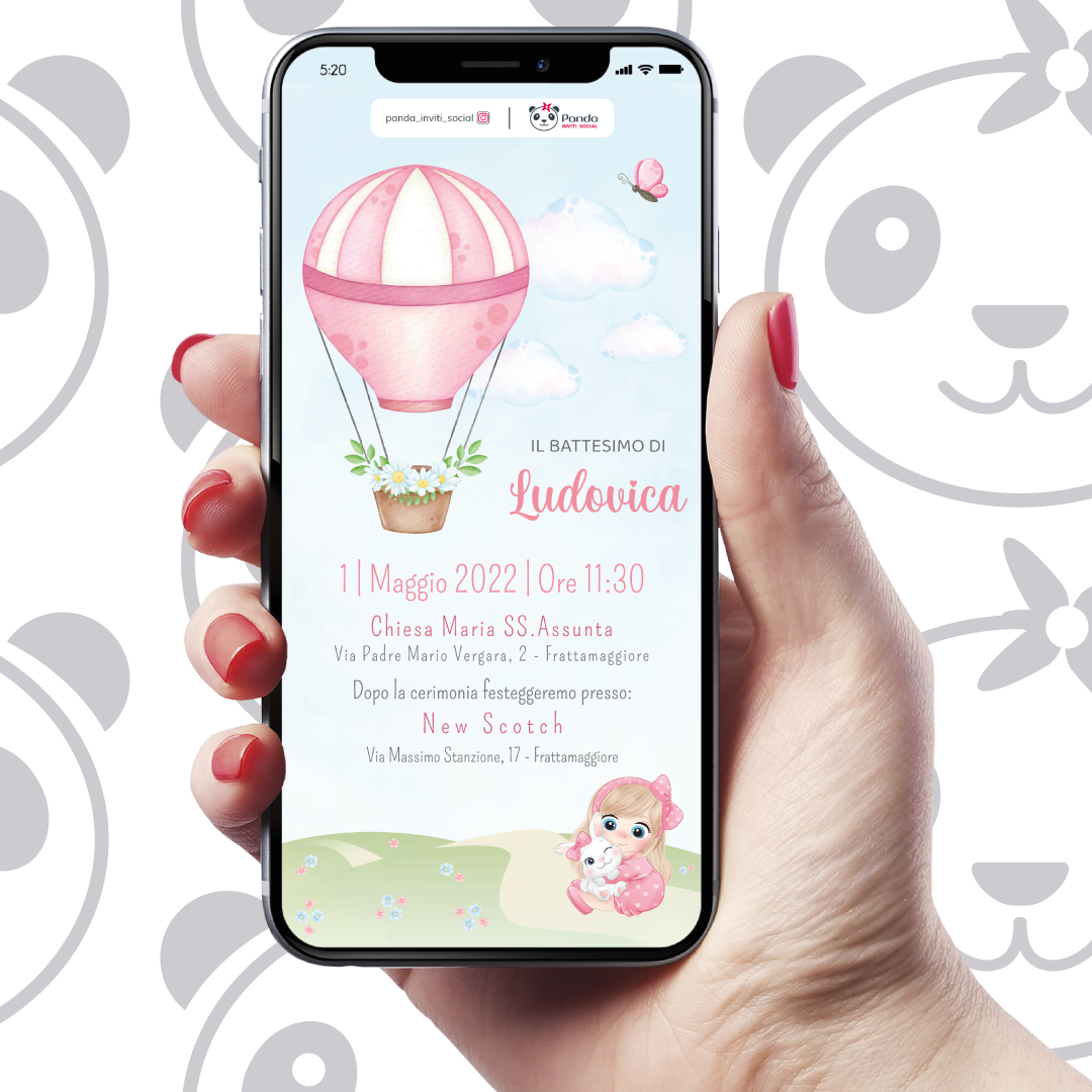 Invito digitale Battesimo bambina mongolfiera
