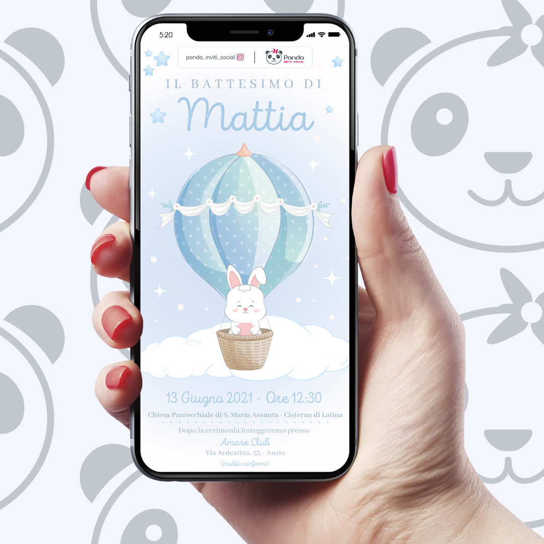 Invito digitale Battesimo bambino coniglietto in mongolfiera