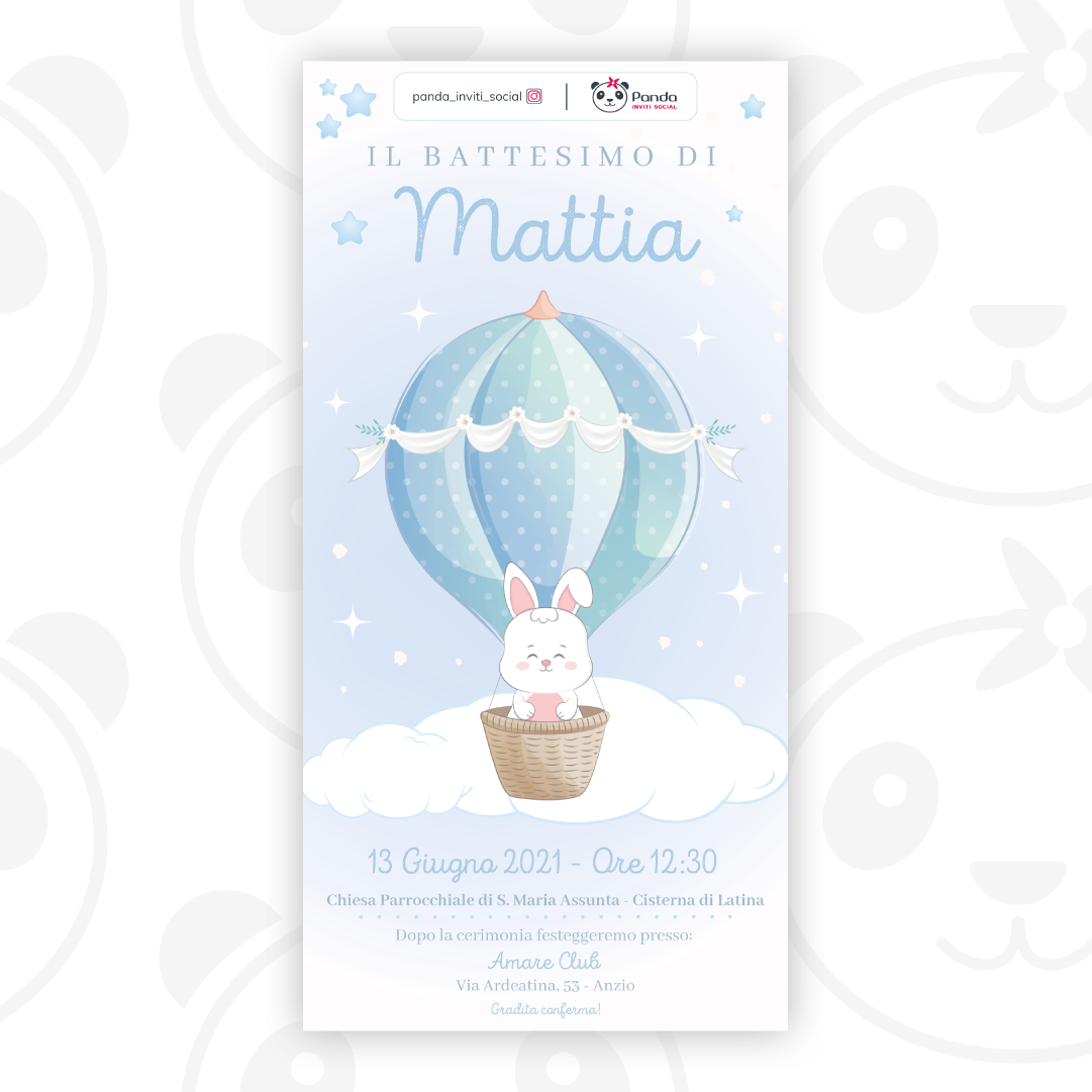 Invito digitale Battesimo bambino coniglietto in mongolfiera