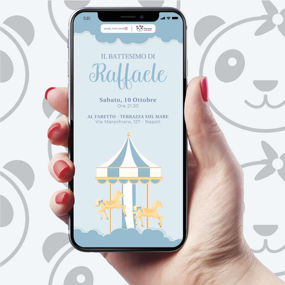 Invito digitale Battesimo bambino giostra con i cavallini