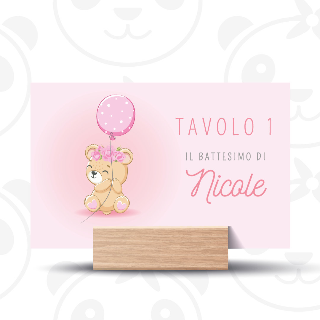 Segnatavolo Battesimo orsetta con palloncino