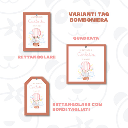 Tag Bomboniera Battesimo bambina elefantini in mongolfiera