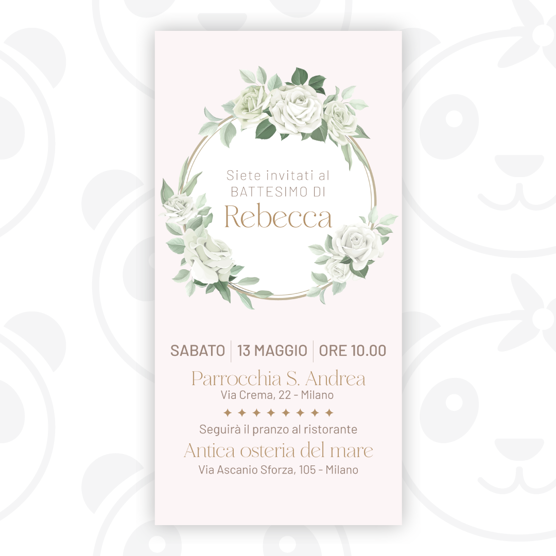 White roses baby girl baptism digital invitation