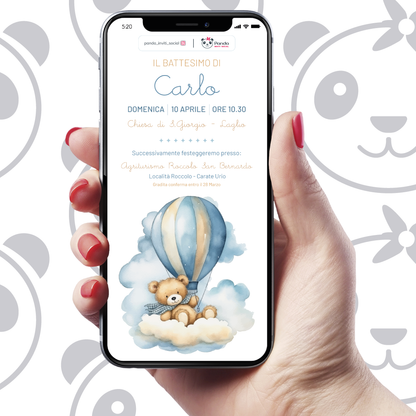 Invito digitale Battesimo bambino Orsetto in mongolfiera