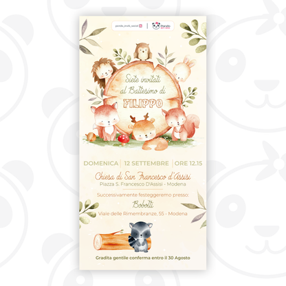 Digital invitation for baby baptism of forest animals