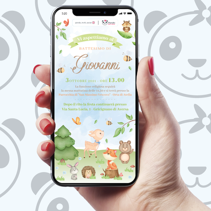 Digital invitation for baby baptism of forest animals