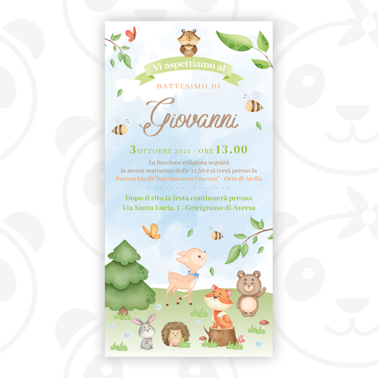 Invito digitale Battesimo bambino animaletti del bosco