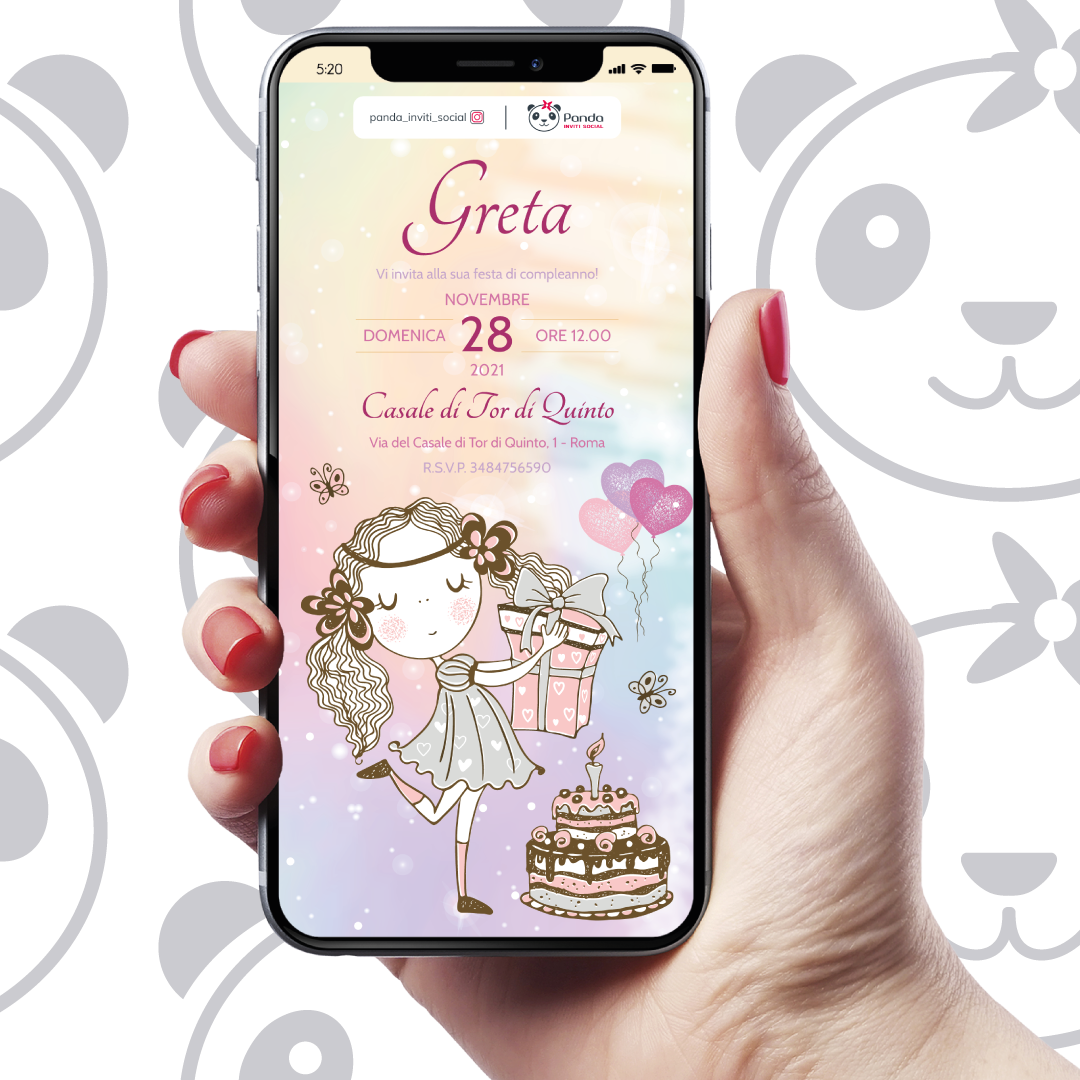 Invito digitale compleanno bambina con regalo – PandaInvitiSocial