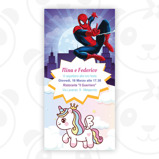 Invito digitale unicorno e Spiderman