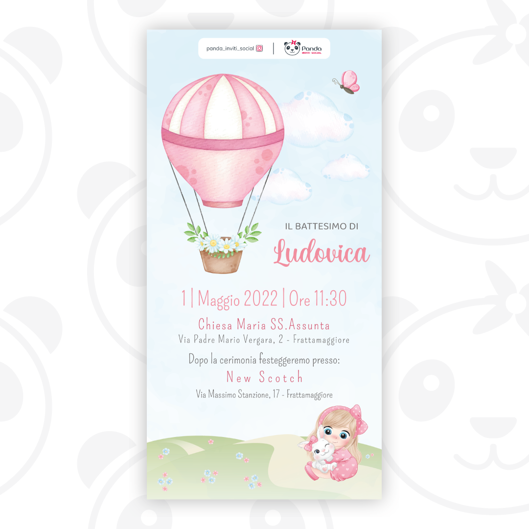 Digital invitation for baptism of a hot air balloon girl