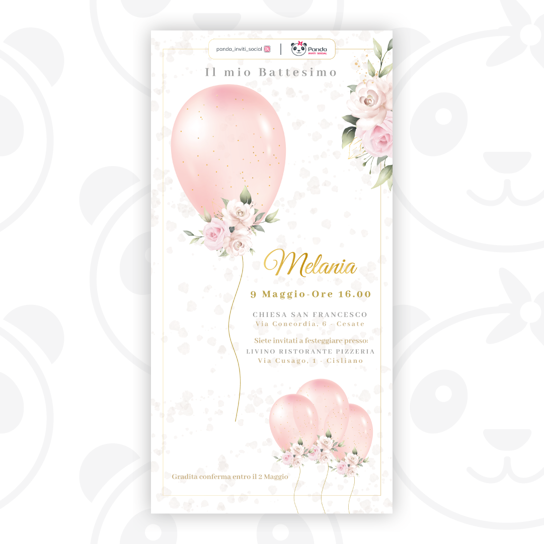 Baby girl baptism digital invitation with floral balloon