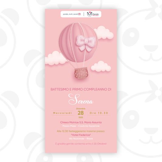 Digital invitation for baptism of a hot air balloon girl