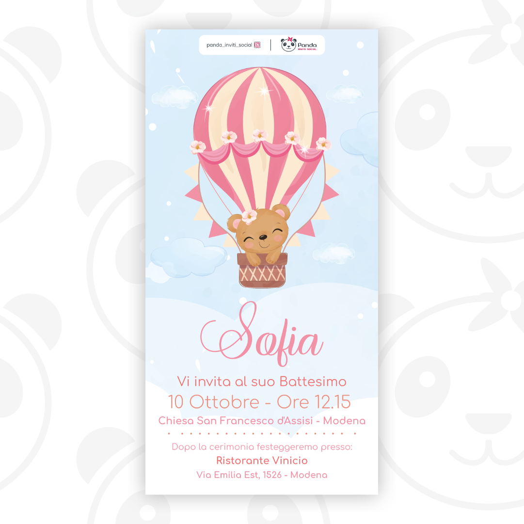 Digital invitation for baptism of a hot air balloon girl