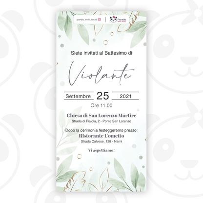 Digital invitation for baptism of little girl with leaves